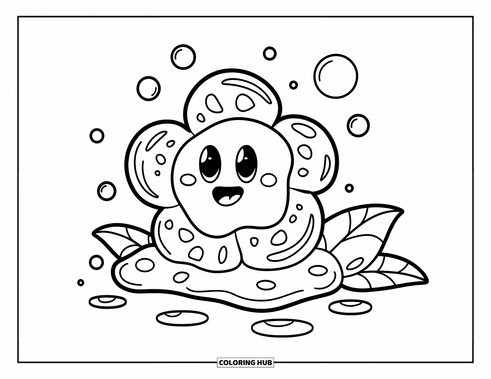 Slime Coloring Page for Kids: Slime flower rests on a leaf with circles nearby