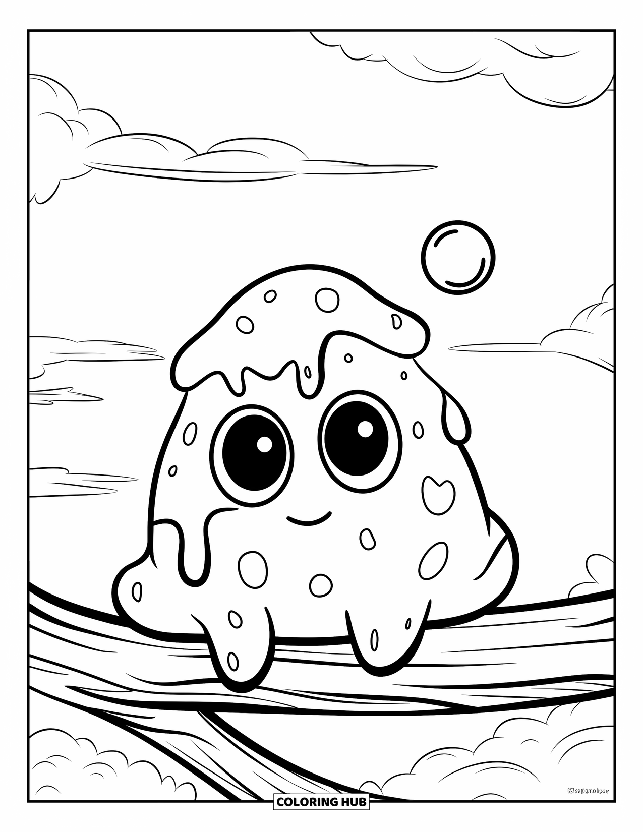 Slime Coloring Page for Kids: Slime perches on a branch blowing a bubble