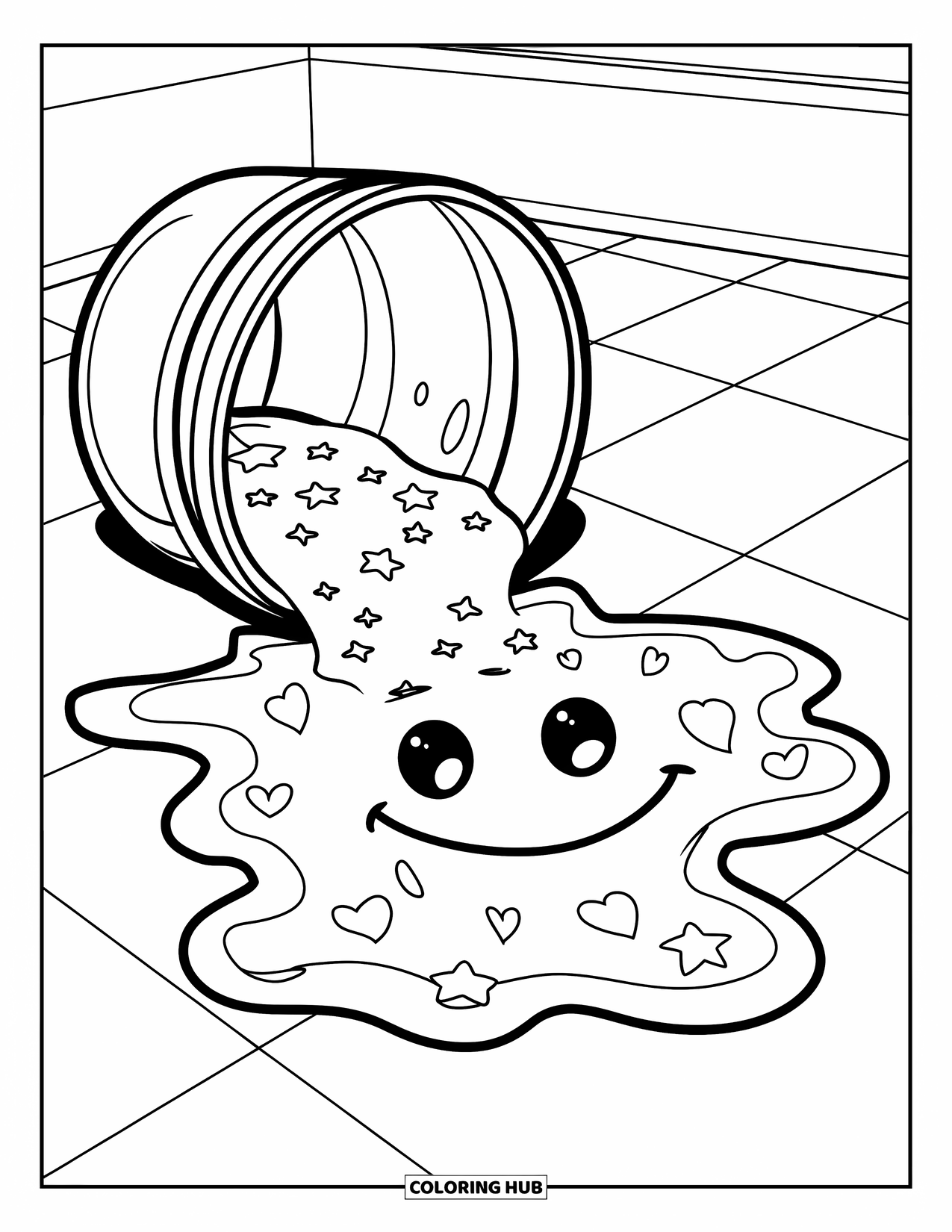 Slime Coloring Page for Kids: Slime shaped like a smiley face spreads beside stars and hearts