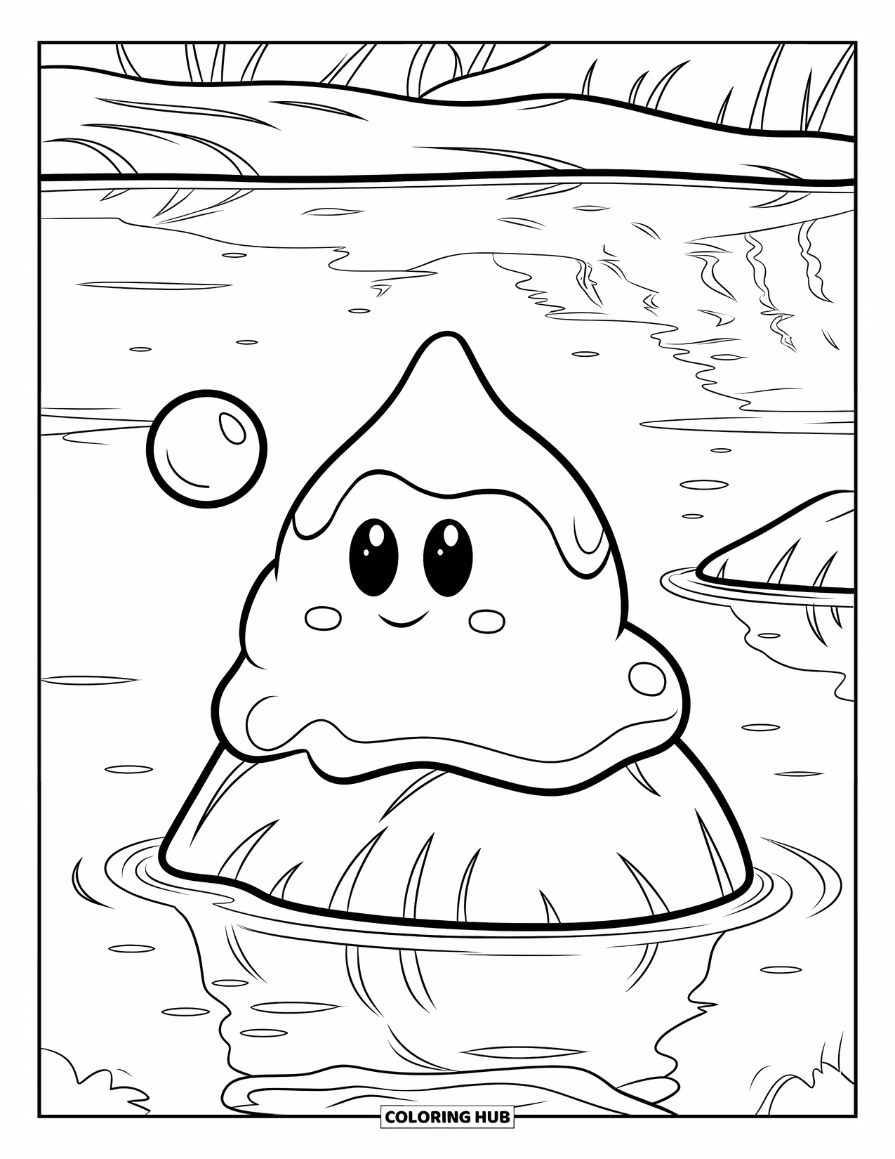 Slime Coloring Page for Kids: Slime sits on a rock blowing a bubble by a lake