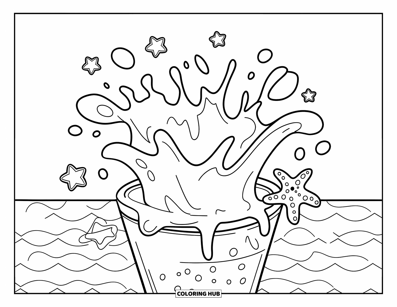 Slime Coloring Page for Kids: Slime splatter spilling from a container near a starfish