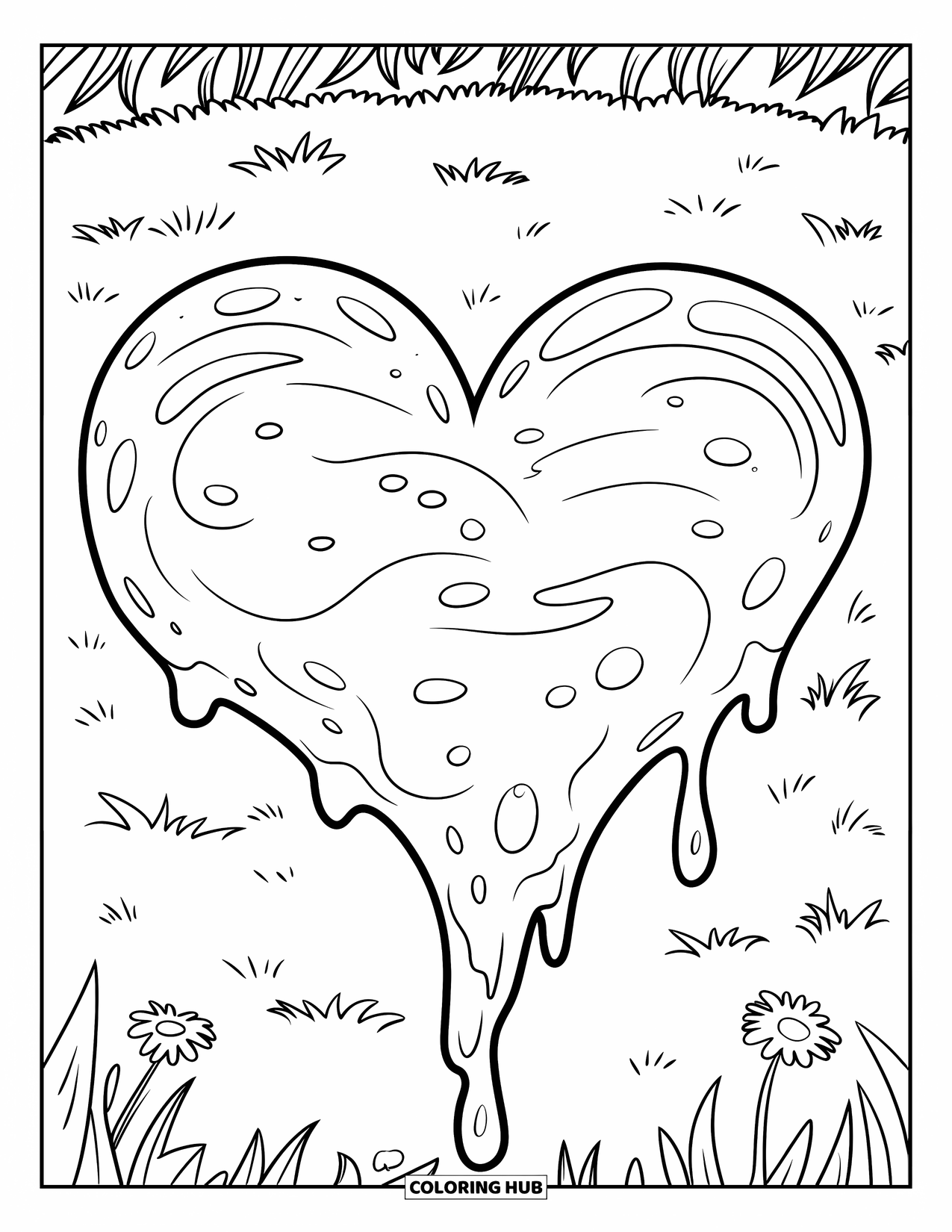 Slime Coloring Page for Kids: Slime with bubbles forms a heart in a flower field