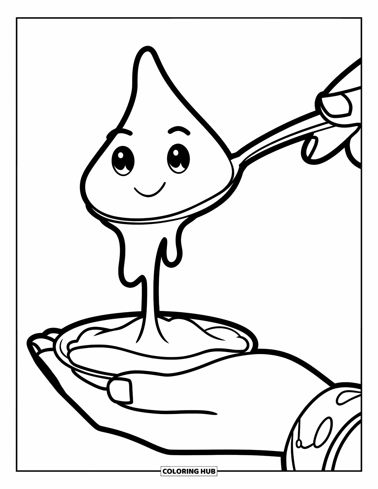 Slime Coloring Page for Kids: Small slime blob dripping slowly from a spoon gripped by a wristbanded hand