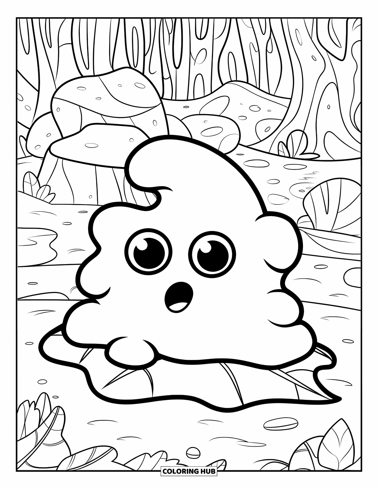 Slime Coloring Page for Kids: Small slime with wide eyes surrounded by flowers and leaves