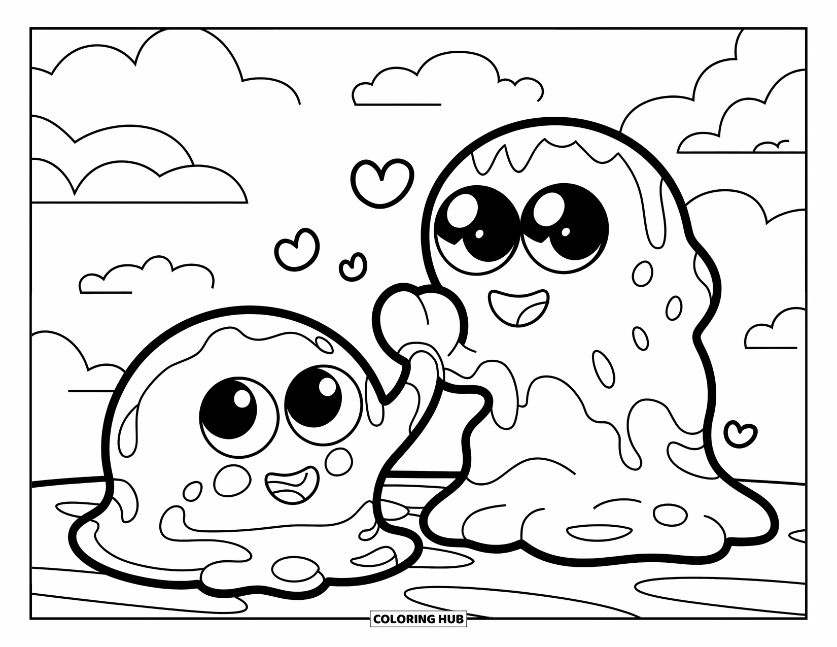 Slime Coloring Page for Kids: Smiling slime friends high-five in a cloudy sky