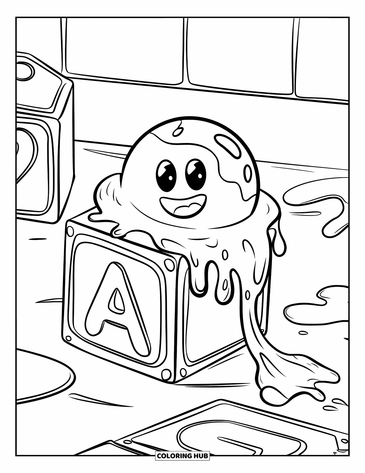 Slime Coloring Page for Kids: Stretchy smiling slime pulled between two chunky cartoon hands
