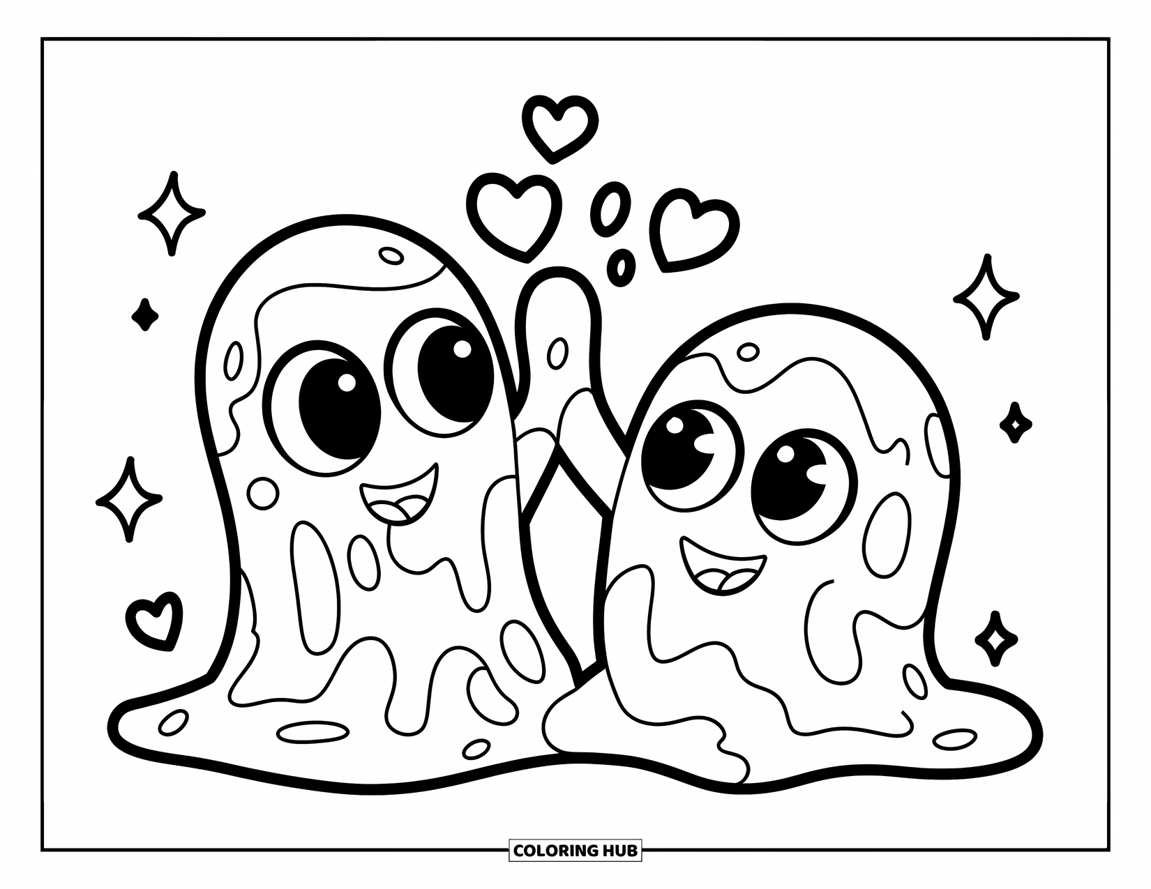Slime Coloring Page for Kids: Two goo blobs high-five with hearts and stars