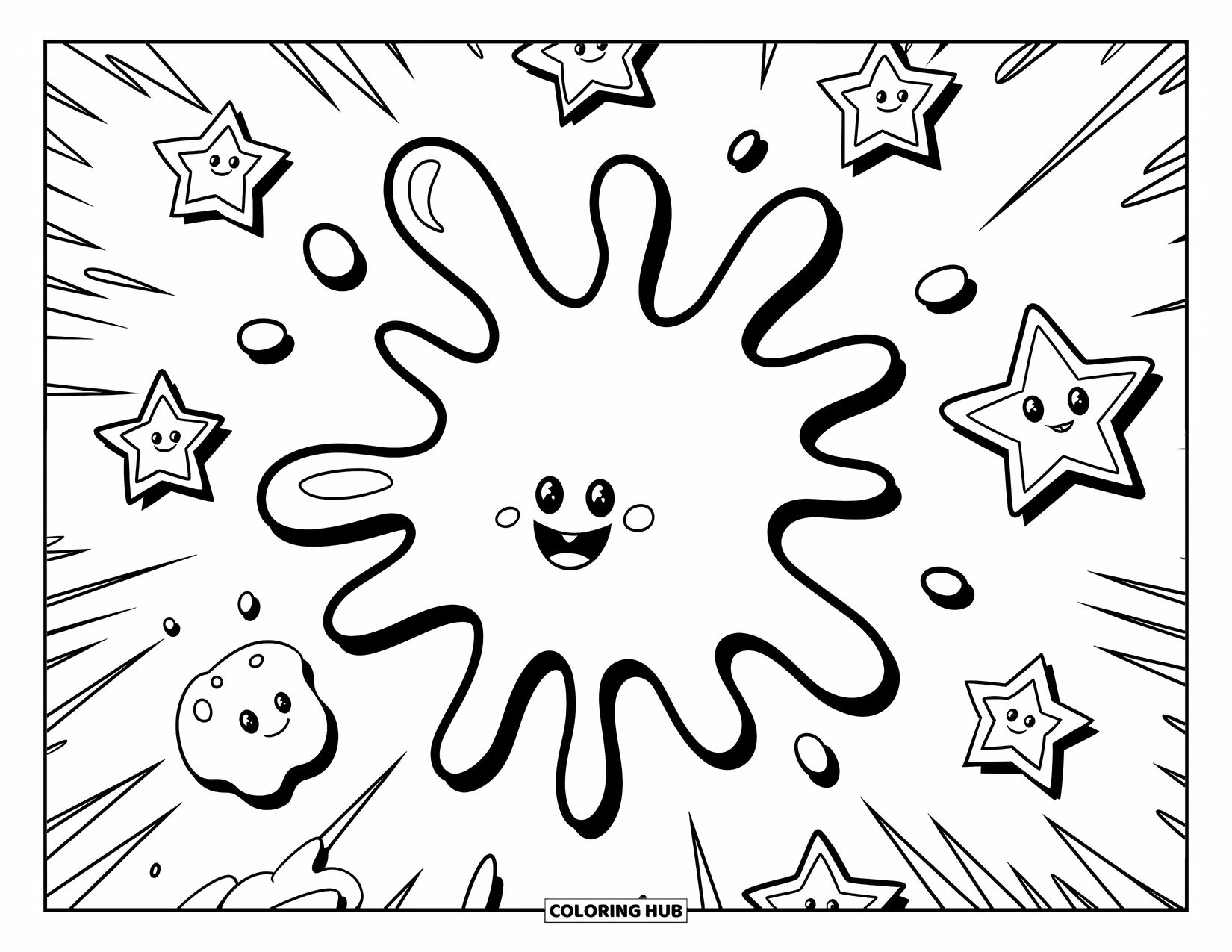 Slime Coloring Page for Kids: Wavy slime splatter with smiling stars around it