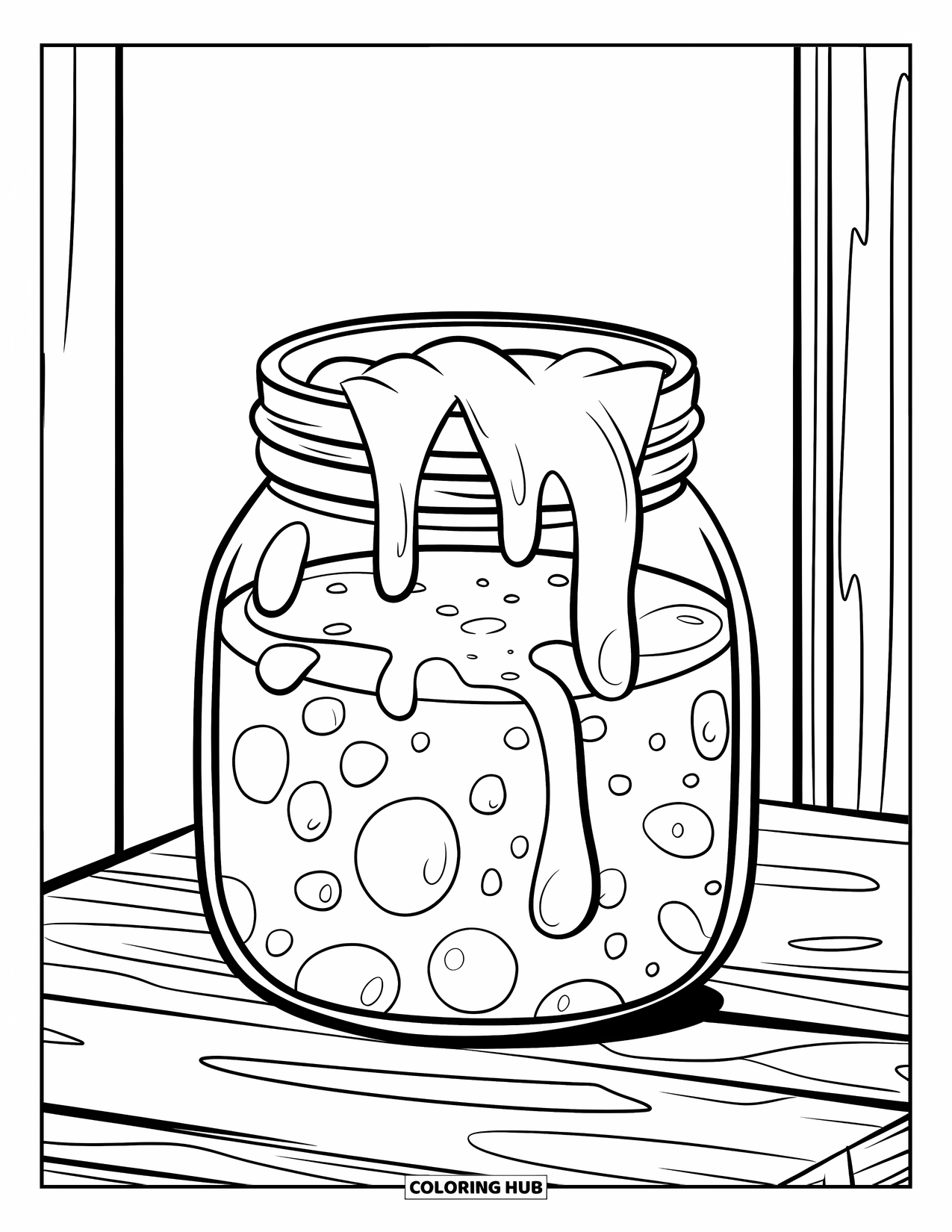 Slime Coloring Page for Kids: Wide jar with bubbly edges spilling slime across a table