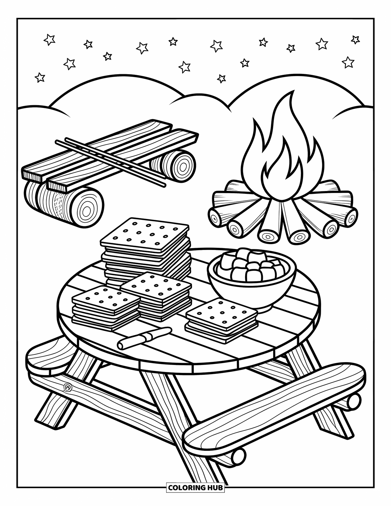 Smore Coloring Page for Adults: Campfire smores table with hills and twinkling stars
