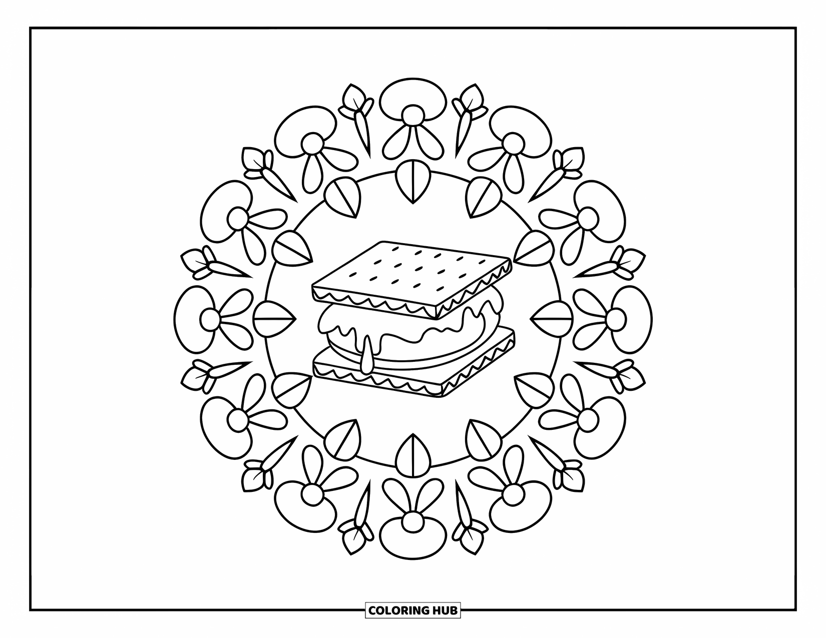 Smore Coloring Page for Adults: Circular floral mandala with a gooey s'more in the center