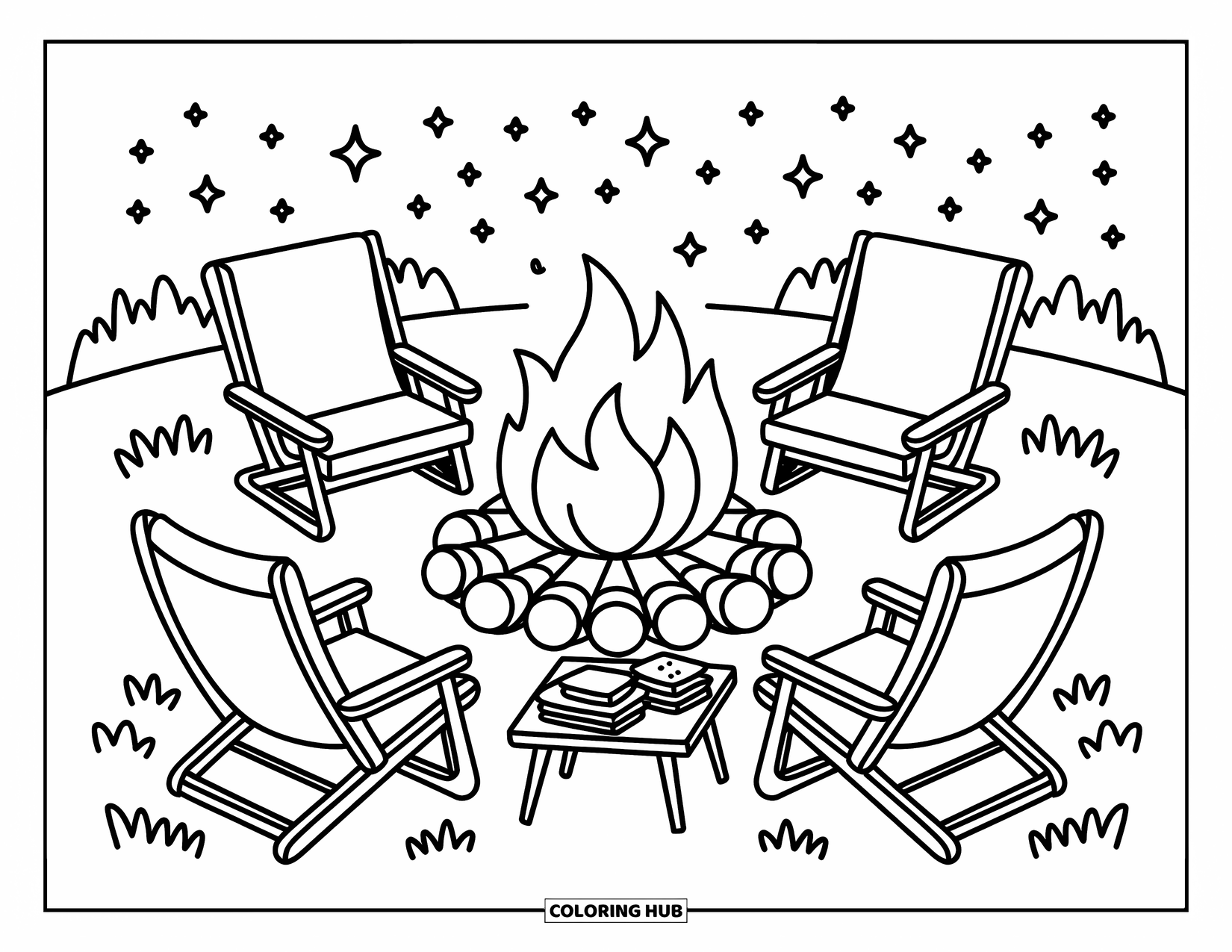 Smore Coloring Page for Adults: Cozy campfire and smores with forest and stars