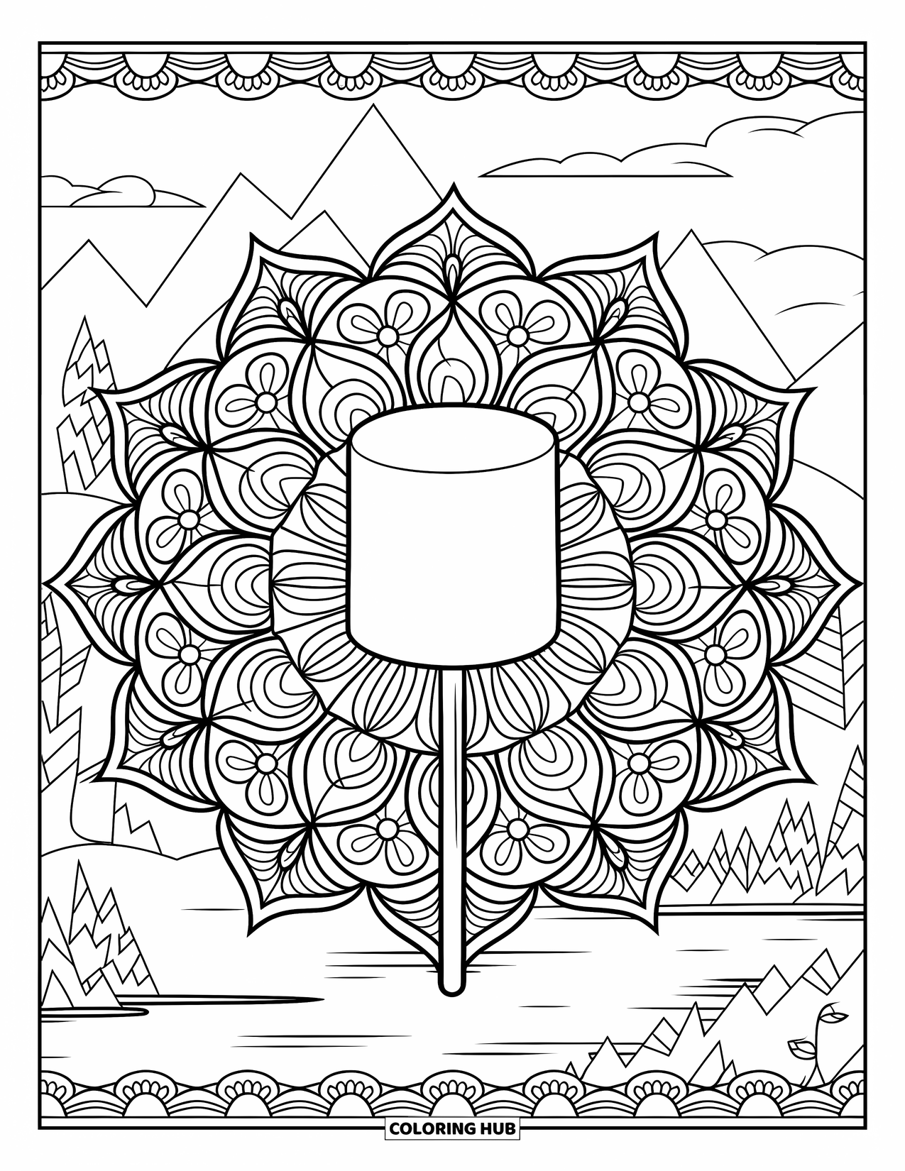 Smore Coloring Page for Adults: Floral mandala with marshmallow on a stick and scenic background