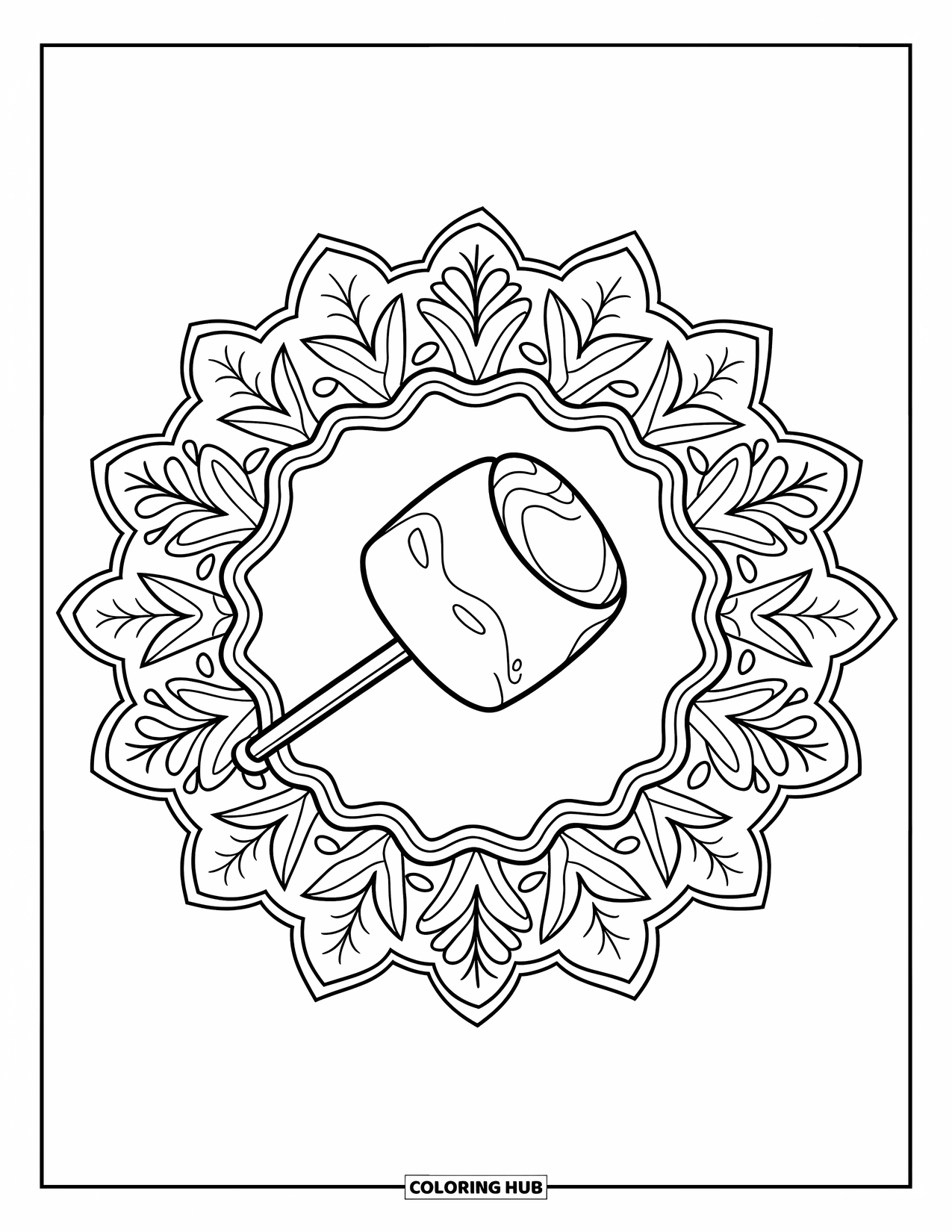 Smore Coloring Page for Adults: Floral mandala with marshmallow on a stick in the center