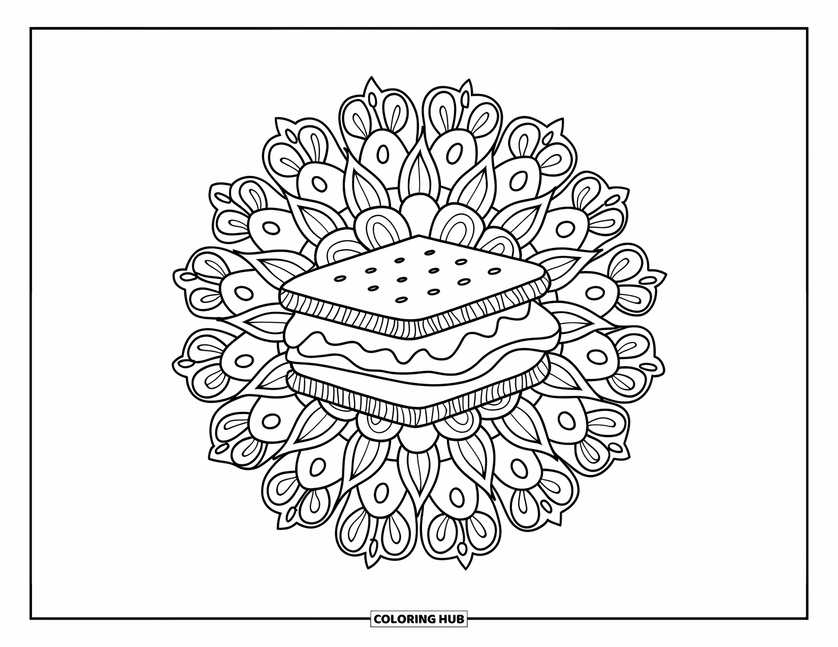 Smore Coloring Page for Adults: Gooey s'more centered in a floral and leafy mandala