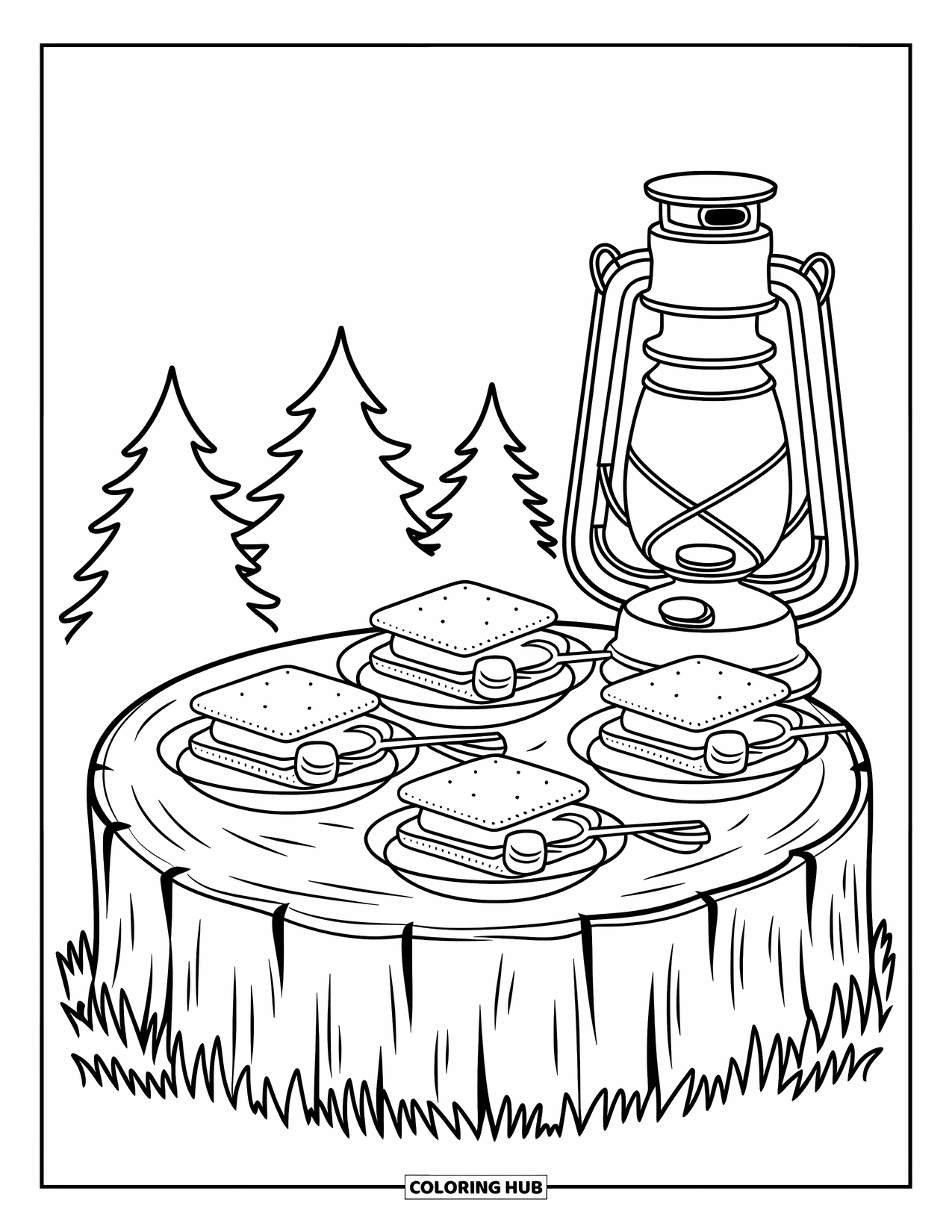 Smore Coloring Page for Adults: Log table with smores, marshmallows, and lantern glow