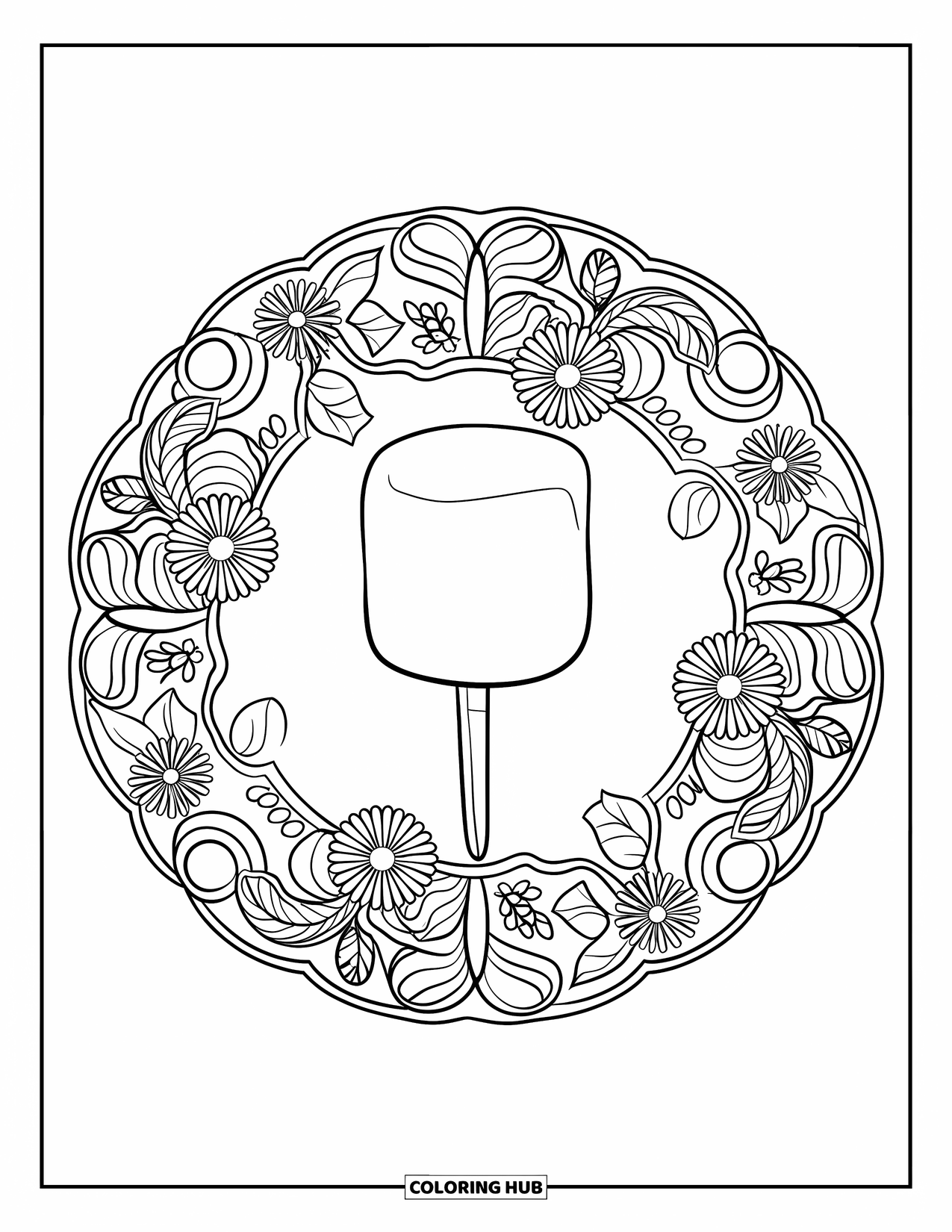 Smore Coloring Page for Adults: Marshmallow on a stick framed by floral and leafy mandala