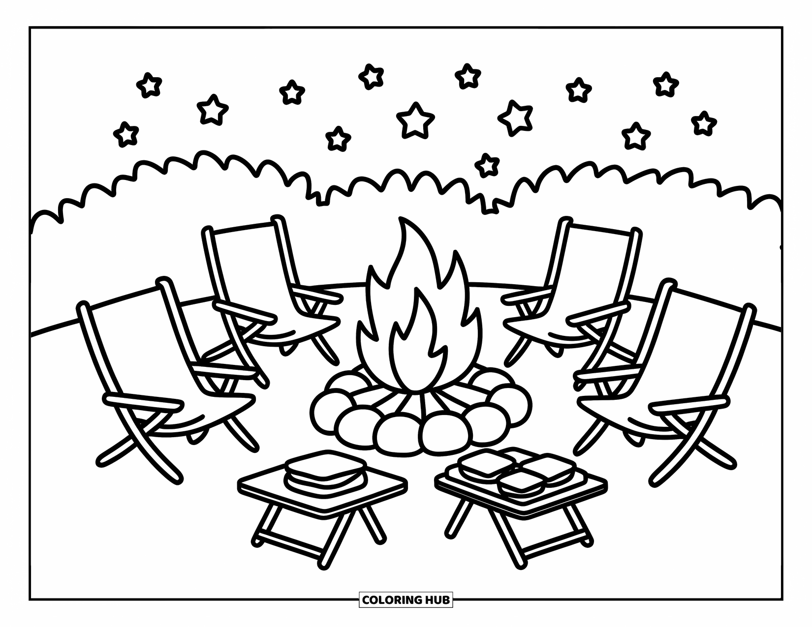 Smore Coloring Page for Adults: Nighttime campfire with chairs and a plate of smores