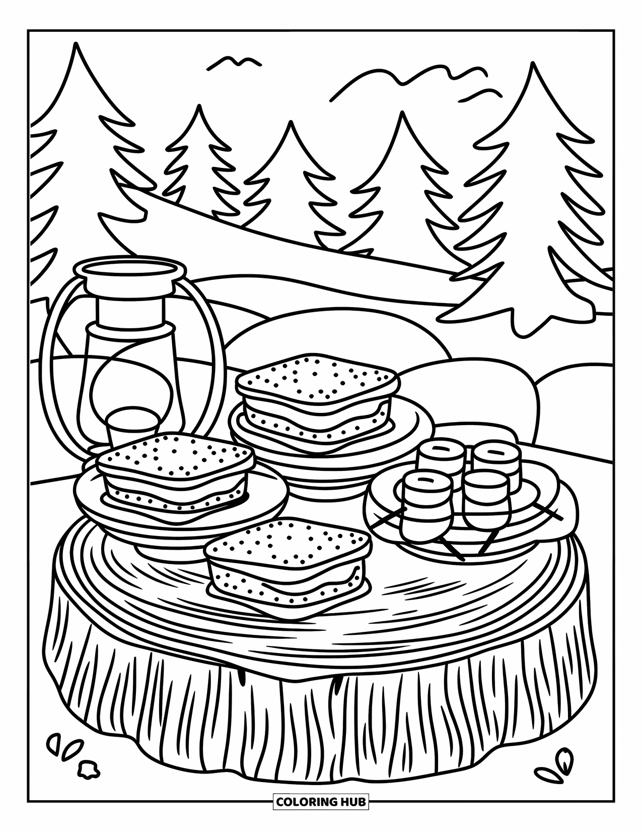 Smore Coloring Page for Adults: Plated smores on a log table with lantern light