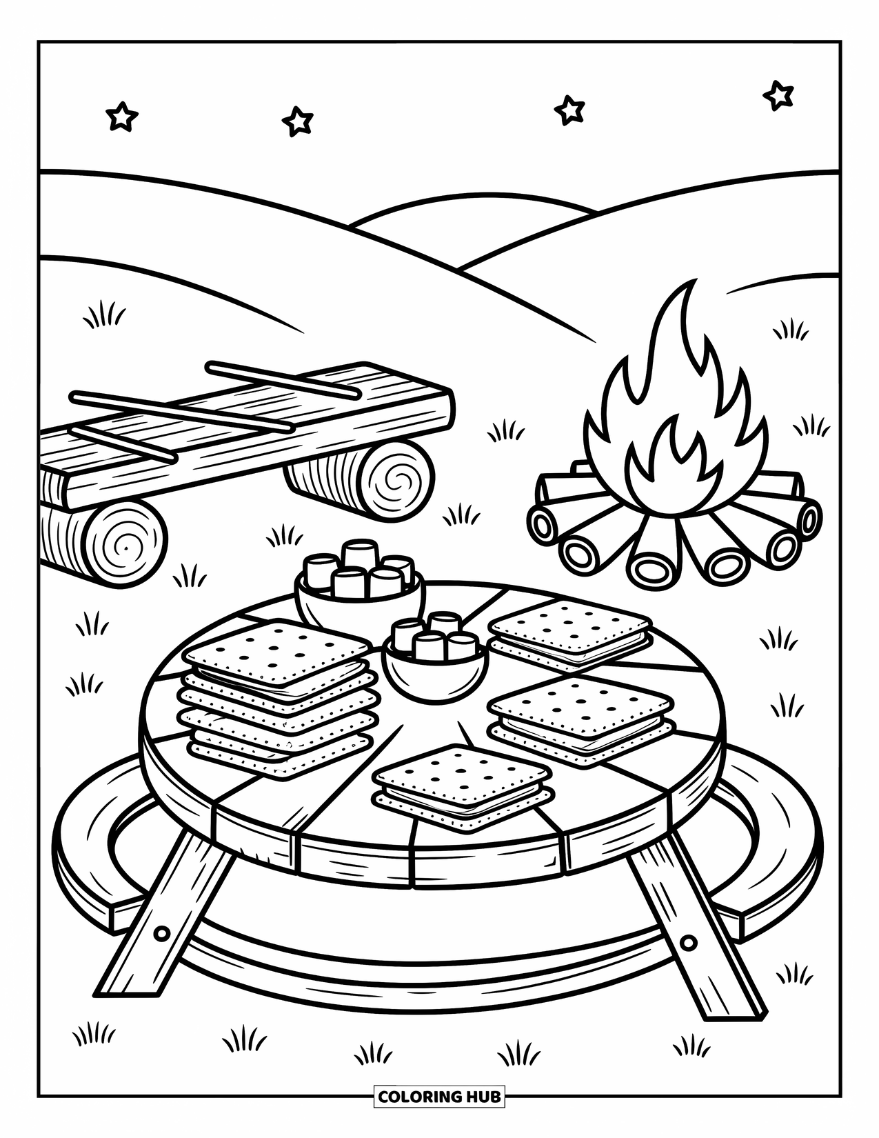 Smore Coloring Page for Adults: Round picnic table with smores, cocoa, and nearby campfire
