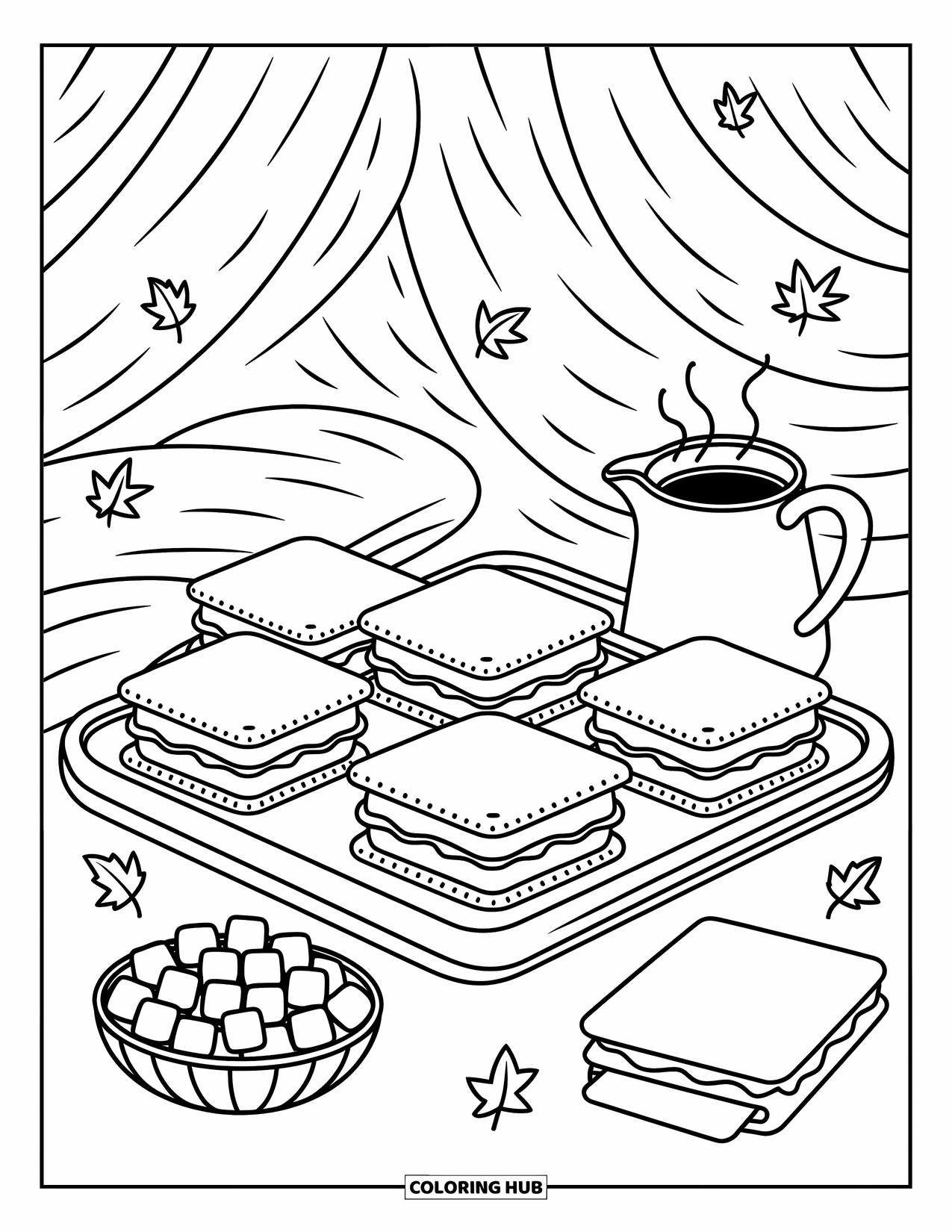Smore Coloring Page for Adults: Serving tray with smores, marshmallows, cocoa, and autumn leaves