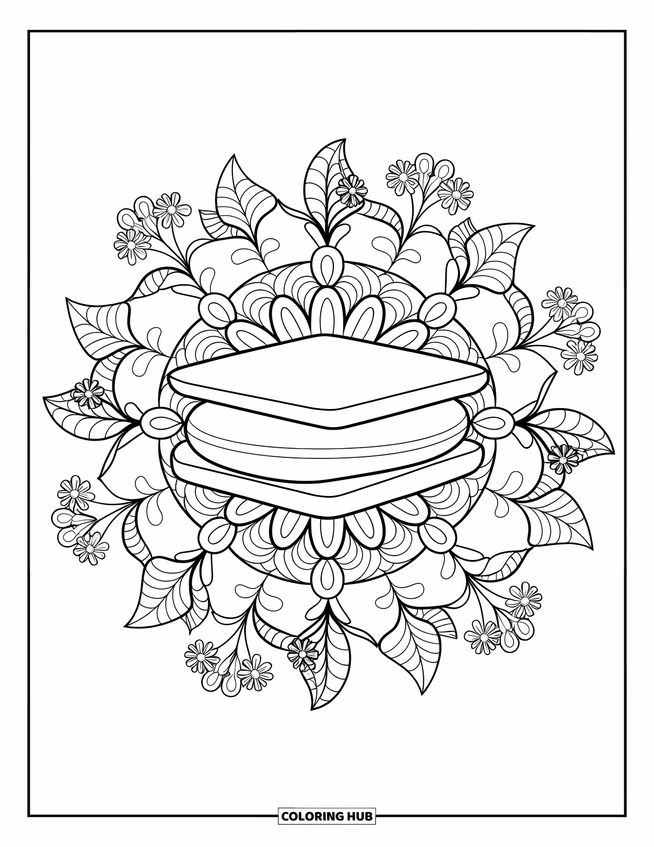 Smore Coloring Page for Adults: Single s'more surrounded by detailed botanical mandala
