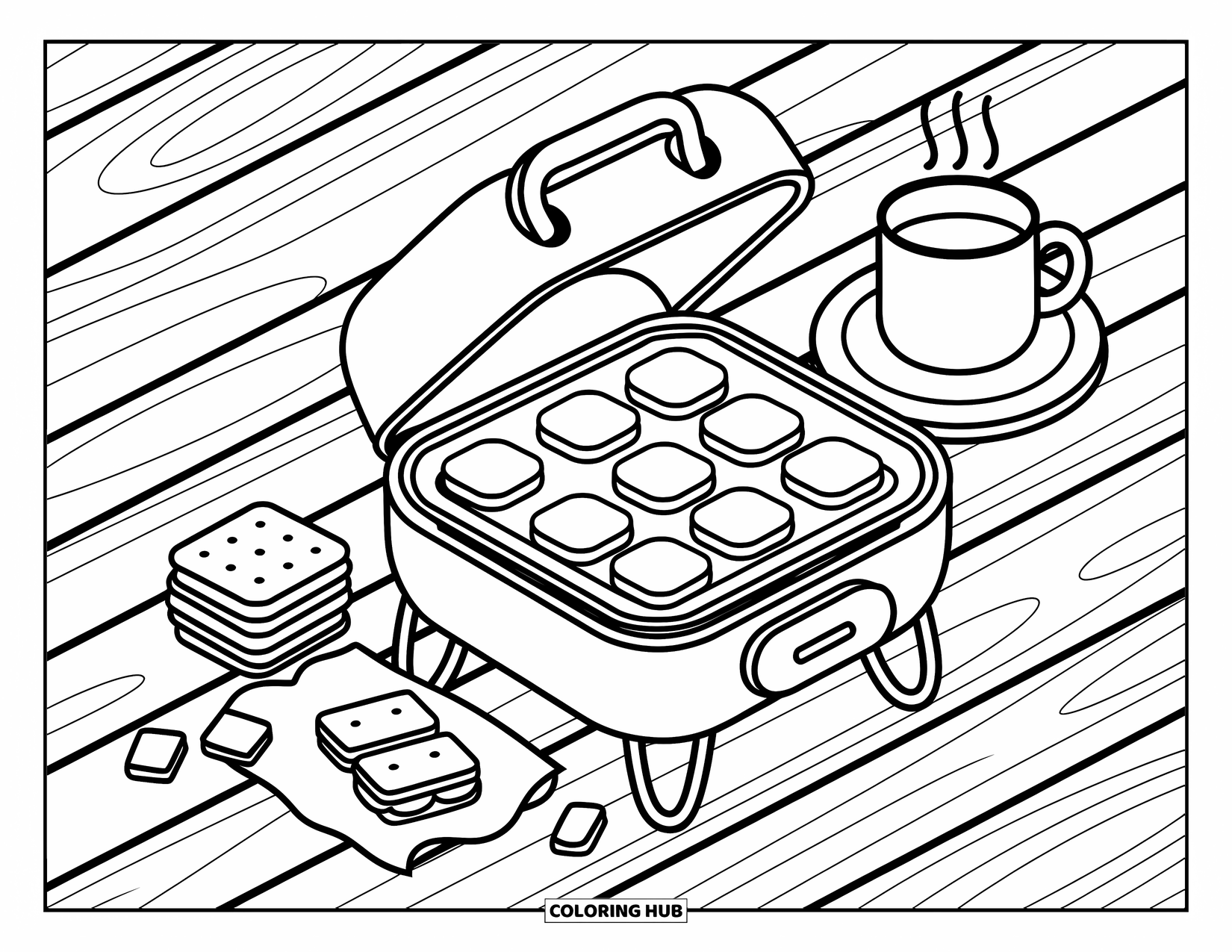 Smore Coloring Page for Adults: Smores baking in a camp oven with cocoa and sweet toppings