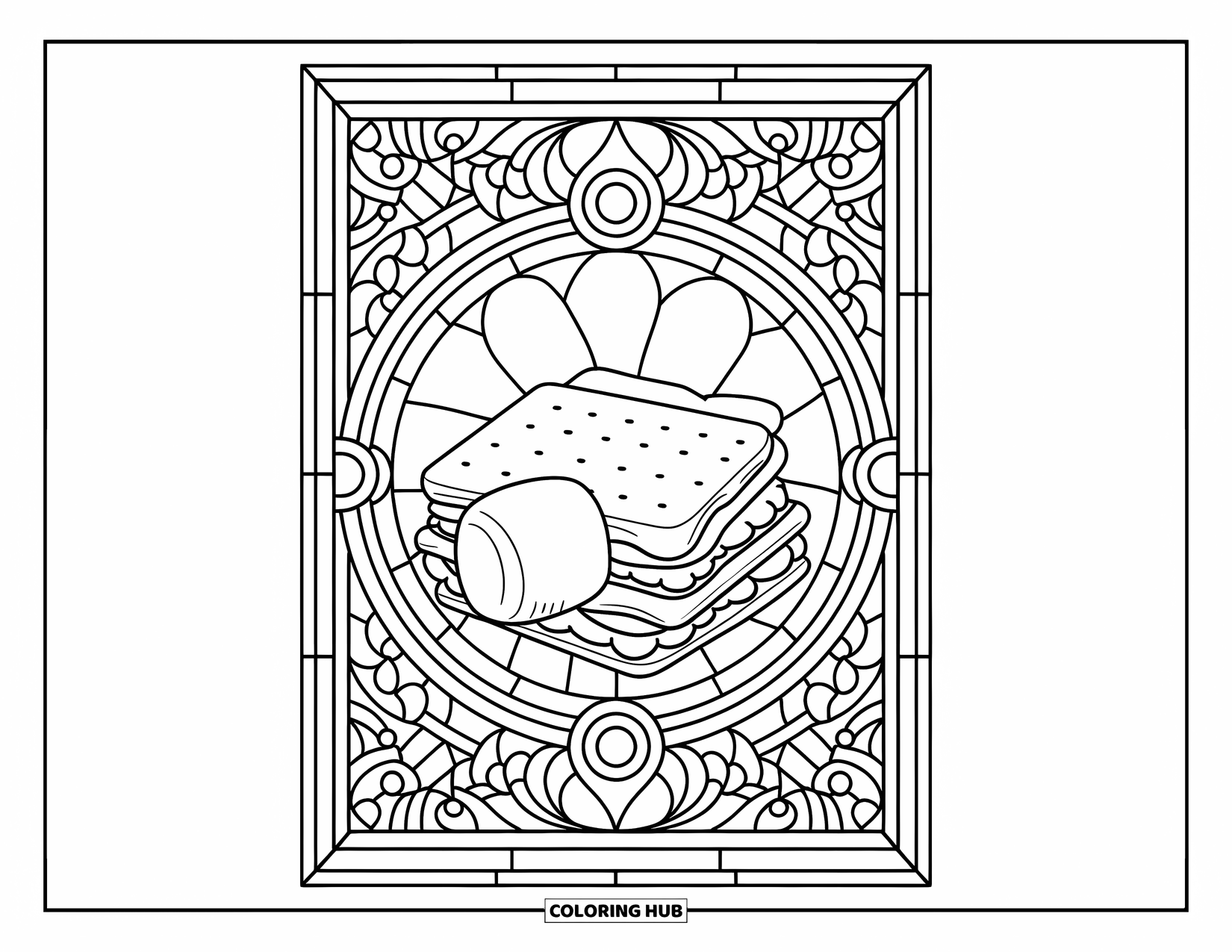 Smore Coloring Page for Adults: S'mores ingredients framed by intricate stained glass designs