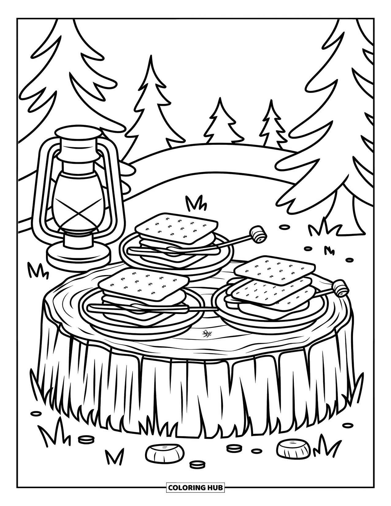 Smore Coloring Page for Adults: Smores on a log table beside a glowing lantern