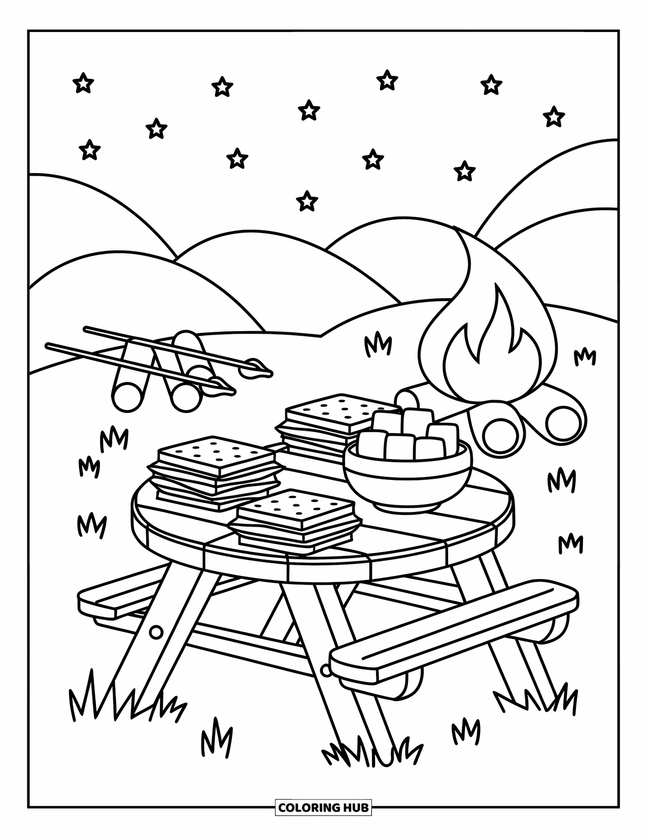 Smore Coloring Page for Adults: Smores table with cocoa and campfire under a starry sky