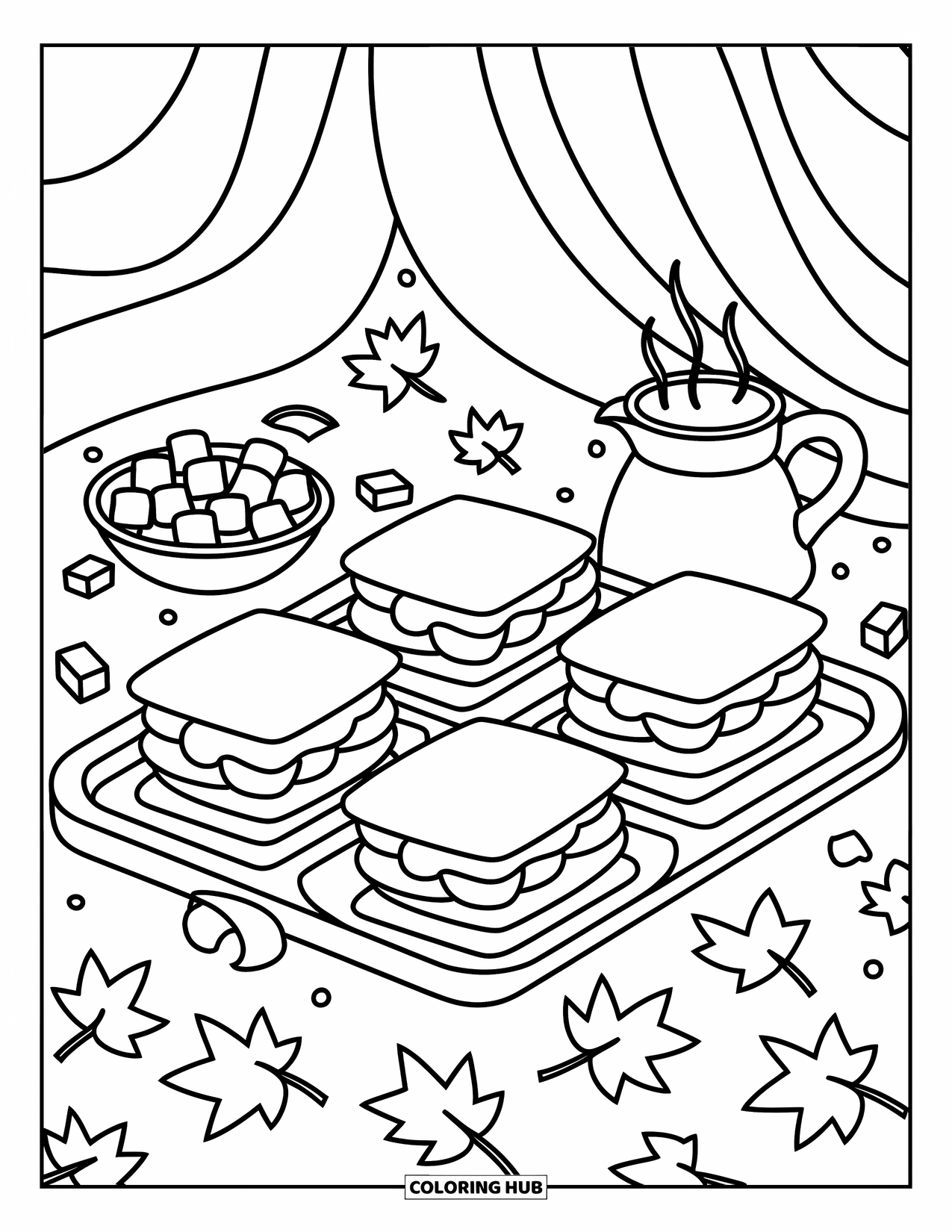Smore Coloring Page for Adults: Smores tray with marshmallows, cocoa, and fall leaf accents