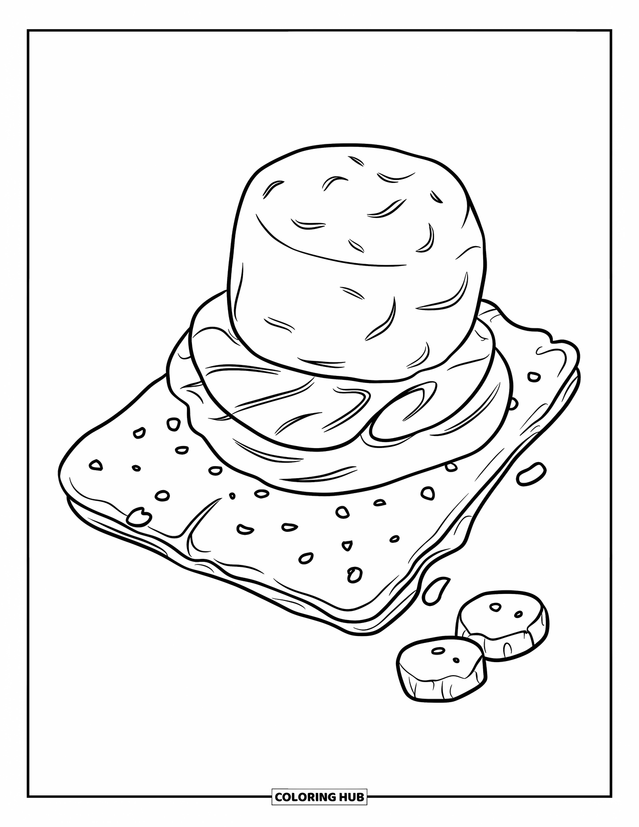 Smore Coloring Page for Kids: Big graham cracker with marshmallow, chocolate, and crumbs