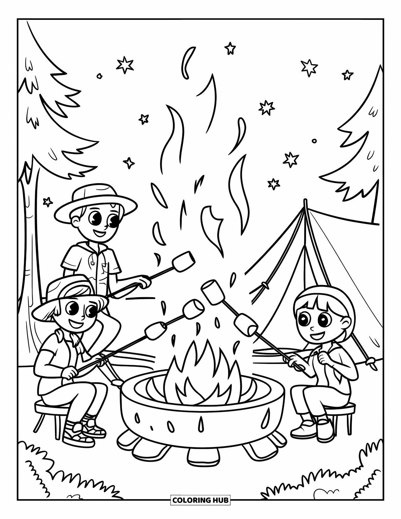 Smore Coloring Page for Kids: Campers around a fire pit roasting marshmallows under the stars