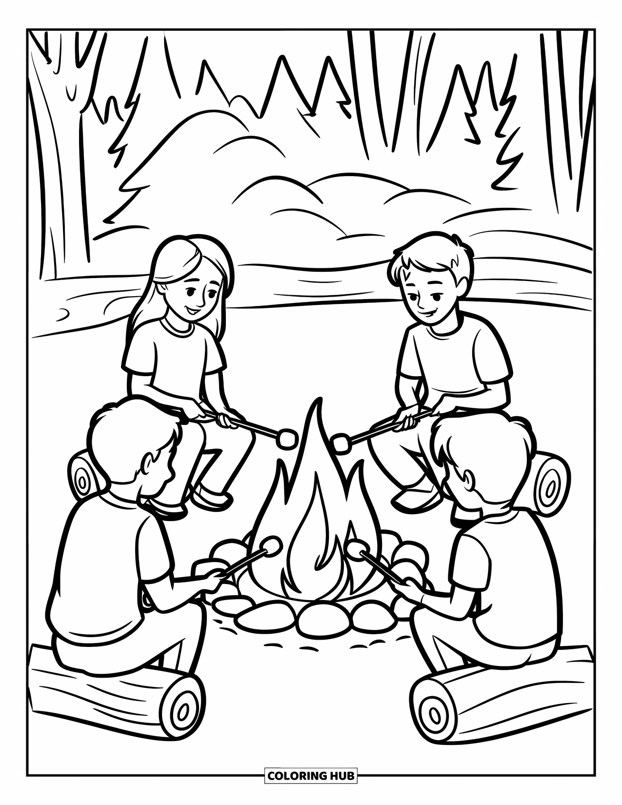 Smore Coloring Page for Kids: Campers roasting marshmallows over a rock-lined fire pit