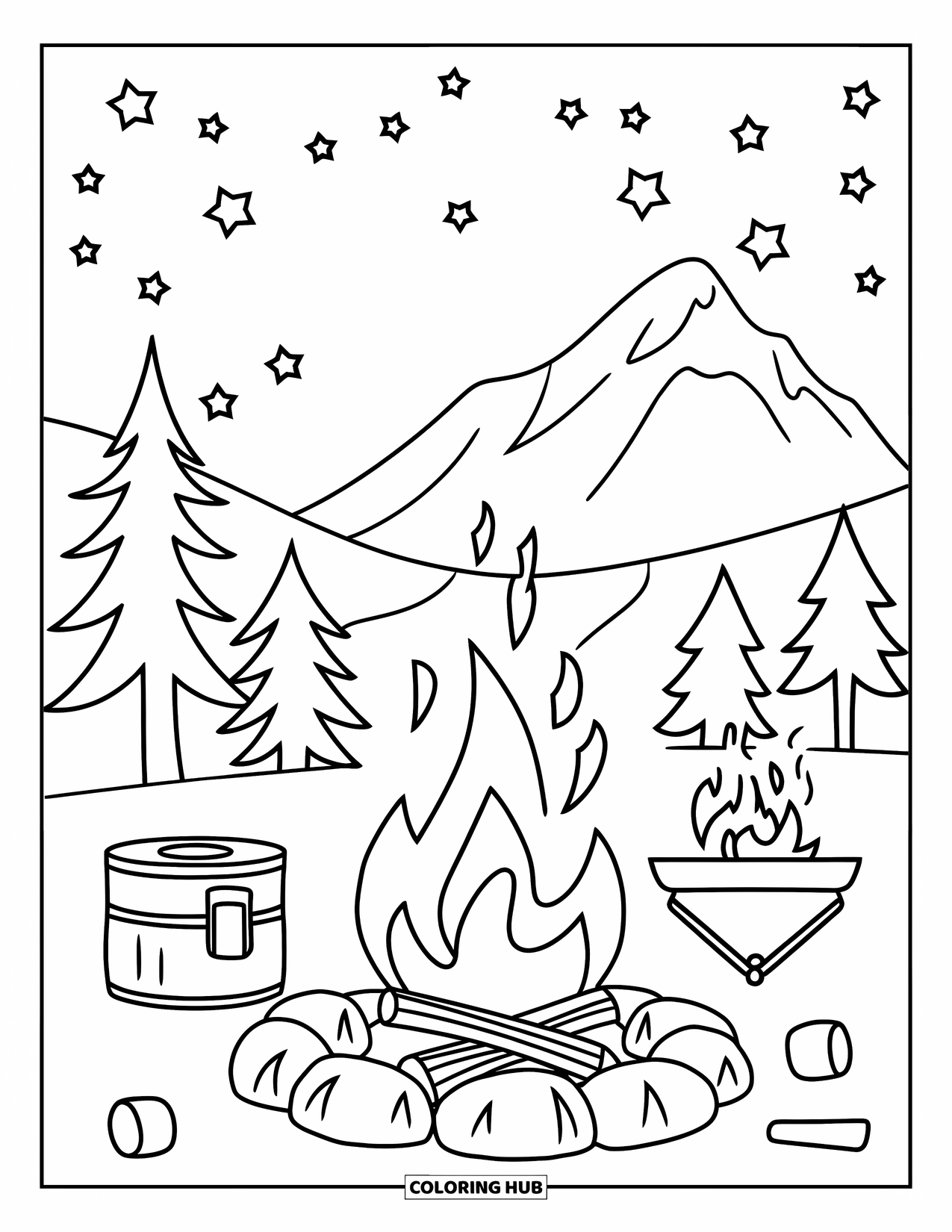 Smore Coloring Page for Kids: Campfire and marshmallows with mountains and stars