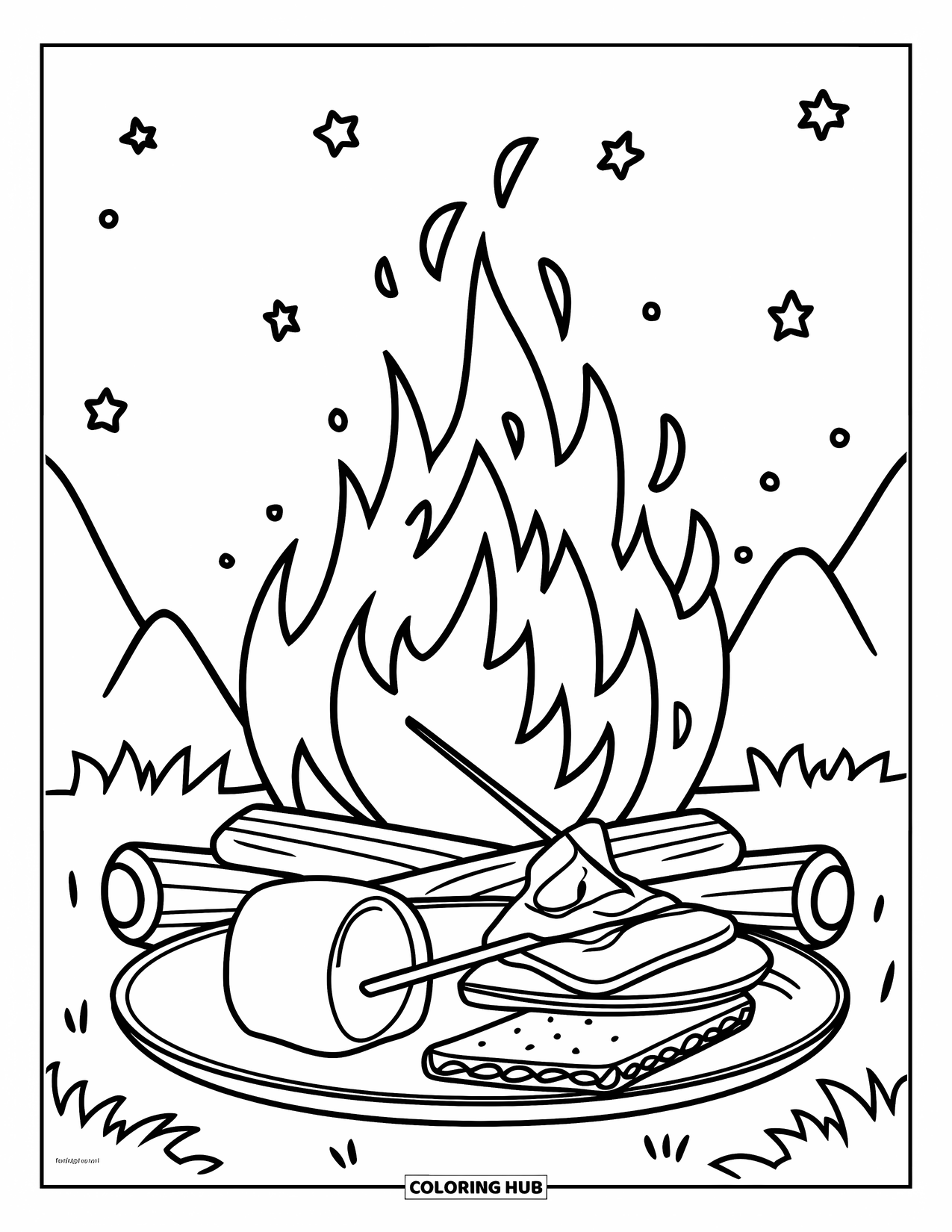 Smore Coloring Page for Kids: Campfire plate with marshmallow, chocolate, and graham crackers