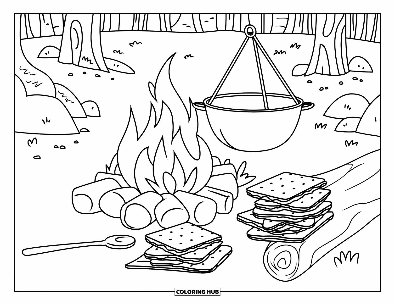 Smore Coloring Page for Kids: Campfire scene with s'more ingredients on a log