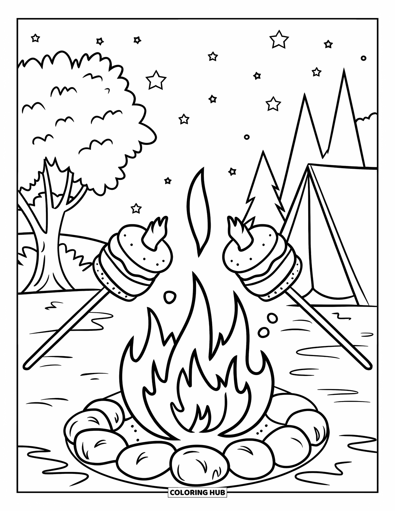 Smore Coloring Page for Kids: Campfire with s'mores roasting under a starry night sky