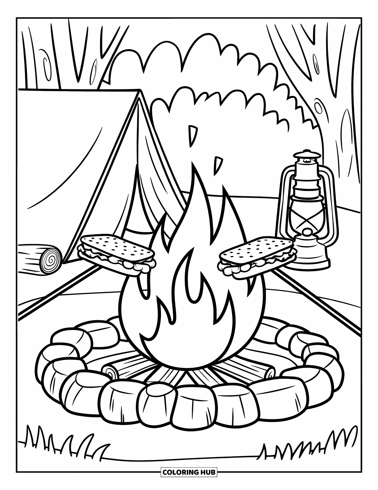 Smore Coloring Page for Kids: Campfire with tent, log, and lantern nearby