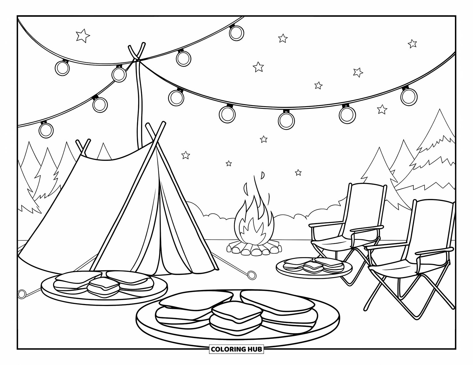 Smore Coloring Page for Kids: Camping under the stars with string lights and s'mores