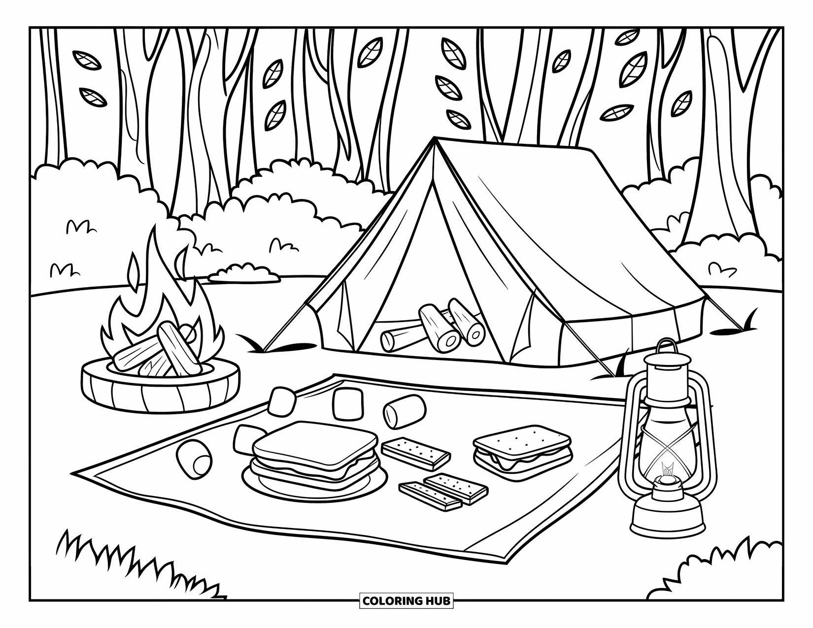 Smore Coloring Page for Kids: Fire pit beside picnic blanket with s'mores and lanterns