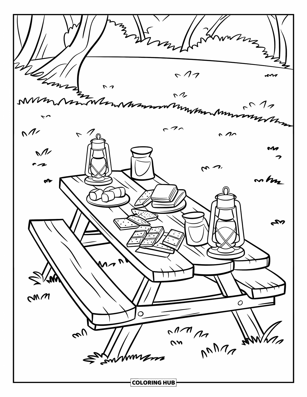 Smore Coloring Page for Kids: Grassy field picnic table with s'mores and lanterns