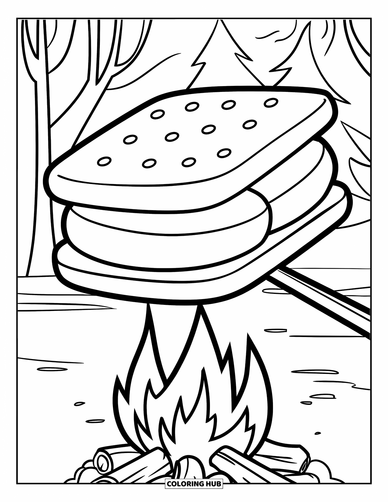 Smore Coloring Page for Kids: Large s'more on a stick over a campfire
