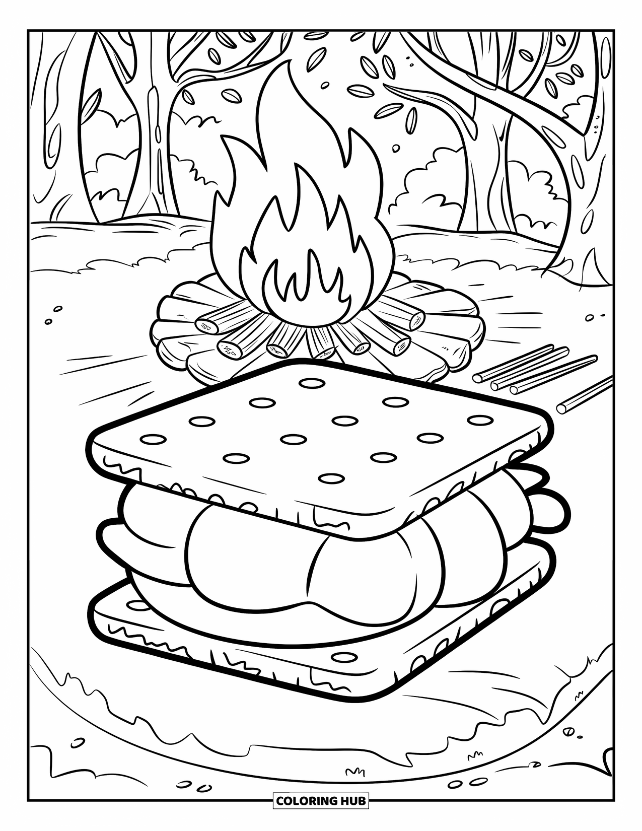 Smore Coloring Page for Kids: Large s'more with campfire and mossy forest background