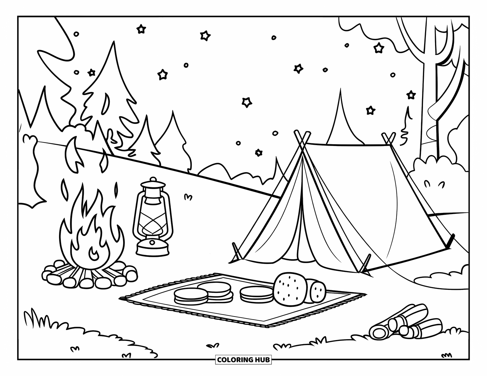 Smore Coloring Page for Kids: Picnic blanket with s'mores, lanterns, and a campfire