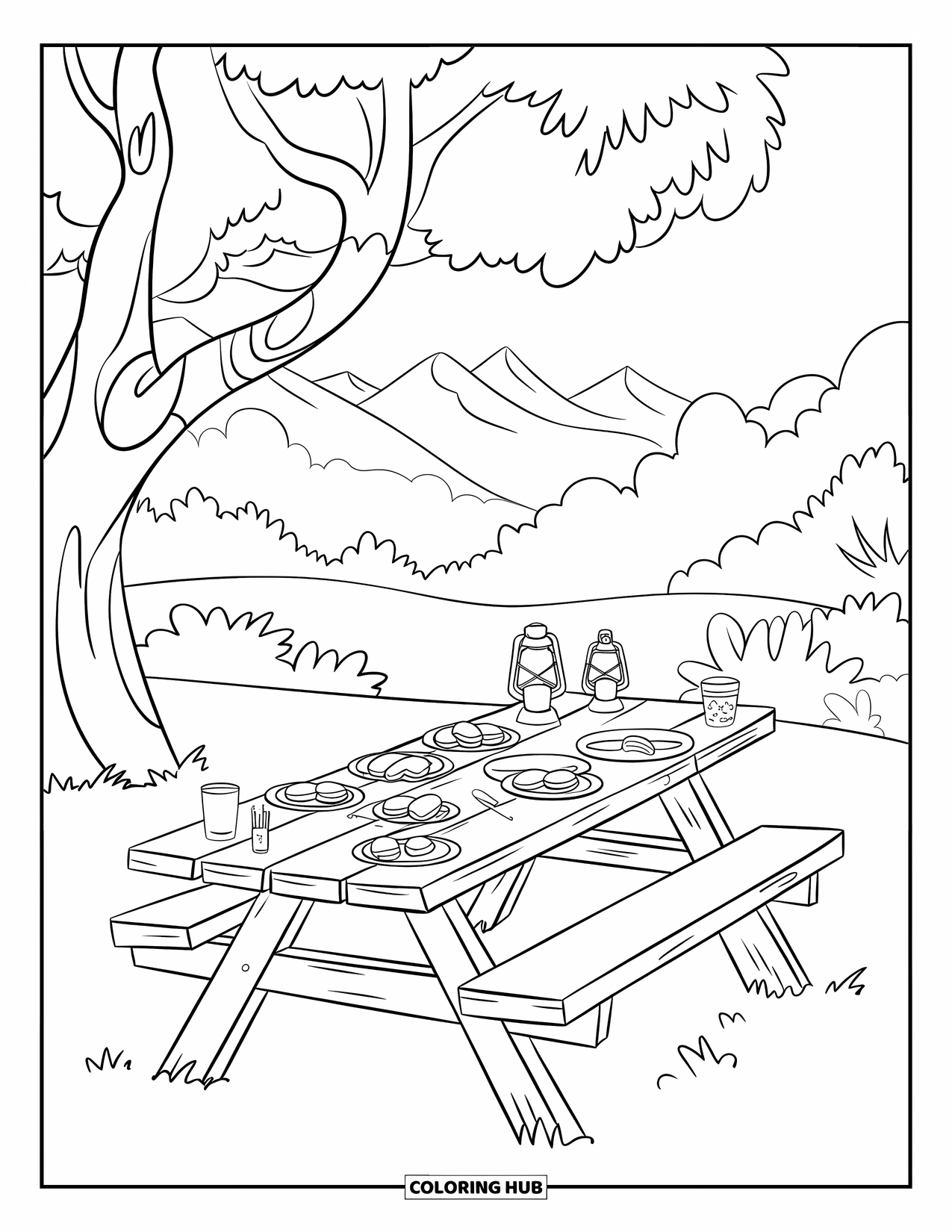 Smore Coloring Page for Kids: Picnic table with s'mores ingredients in a mountain setting