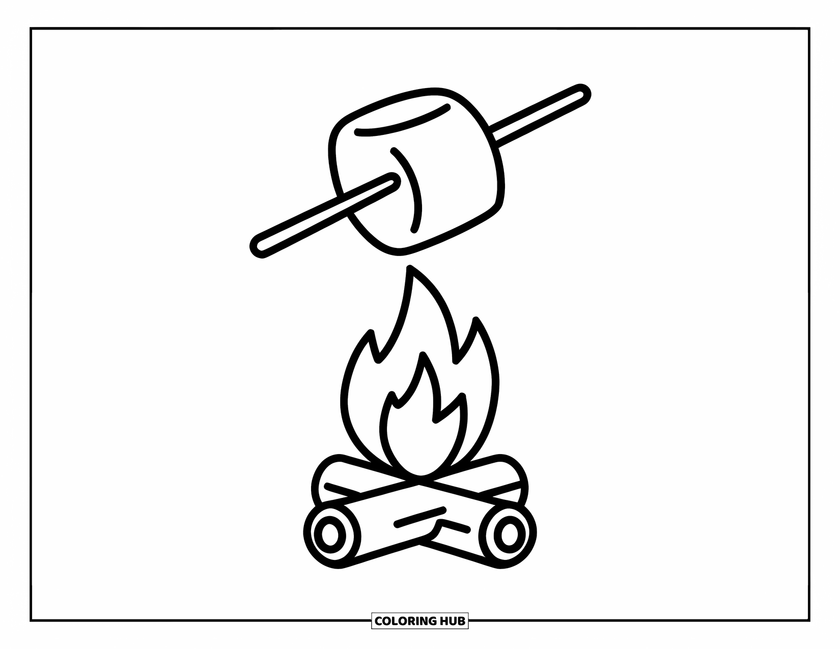 Smore Coloring Page for Kids: Simple campfire with marshmallow on a stick