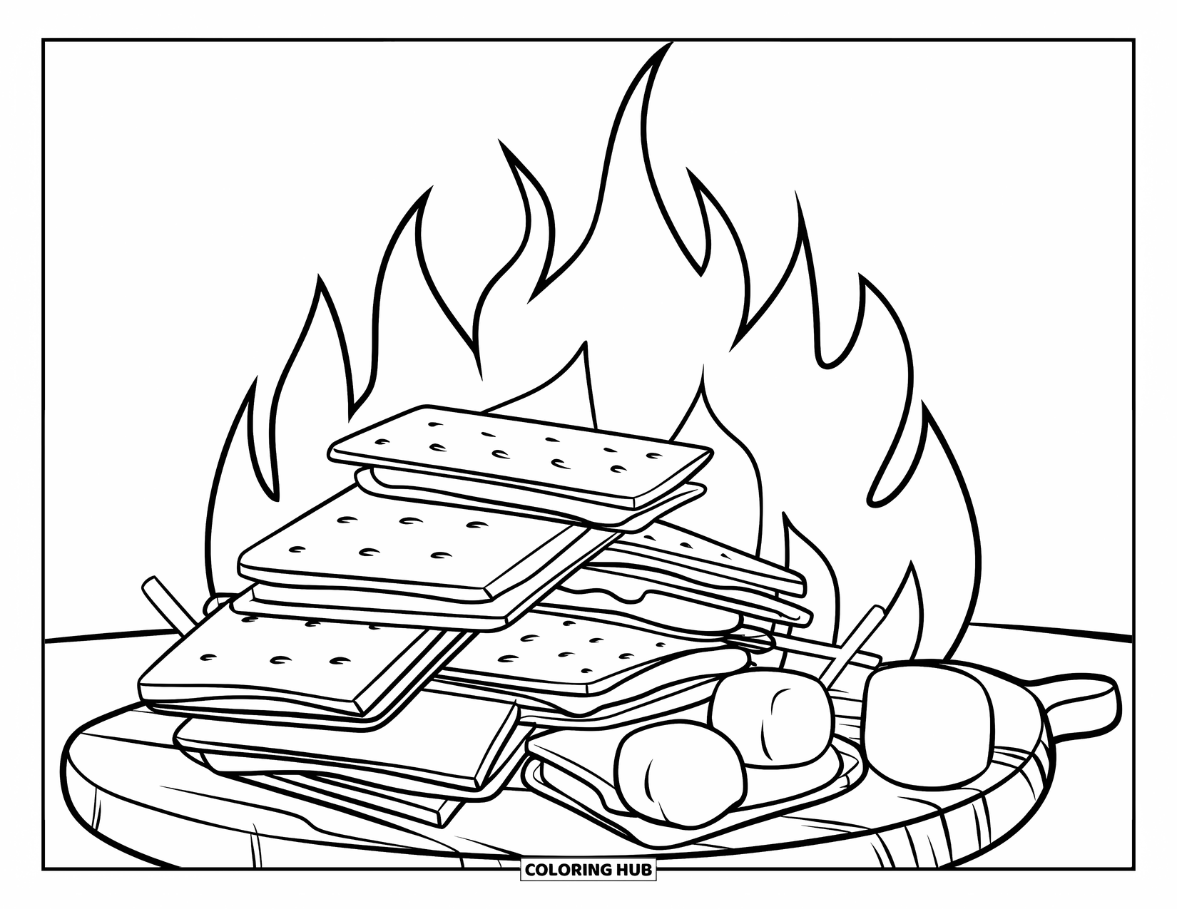 Smore Coloring Page for Kids: S'more ingredients on a wooden board by a campfire
