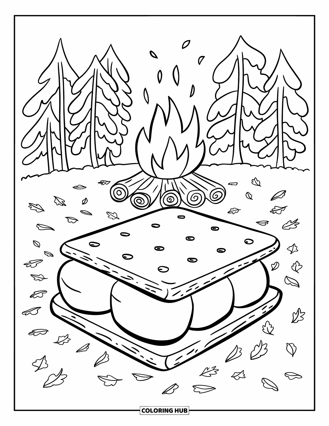Smore Coloring Page for Kids: S'more with marshmallow, chocolate, and graham crackers by campfire