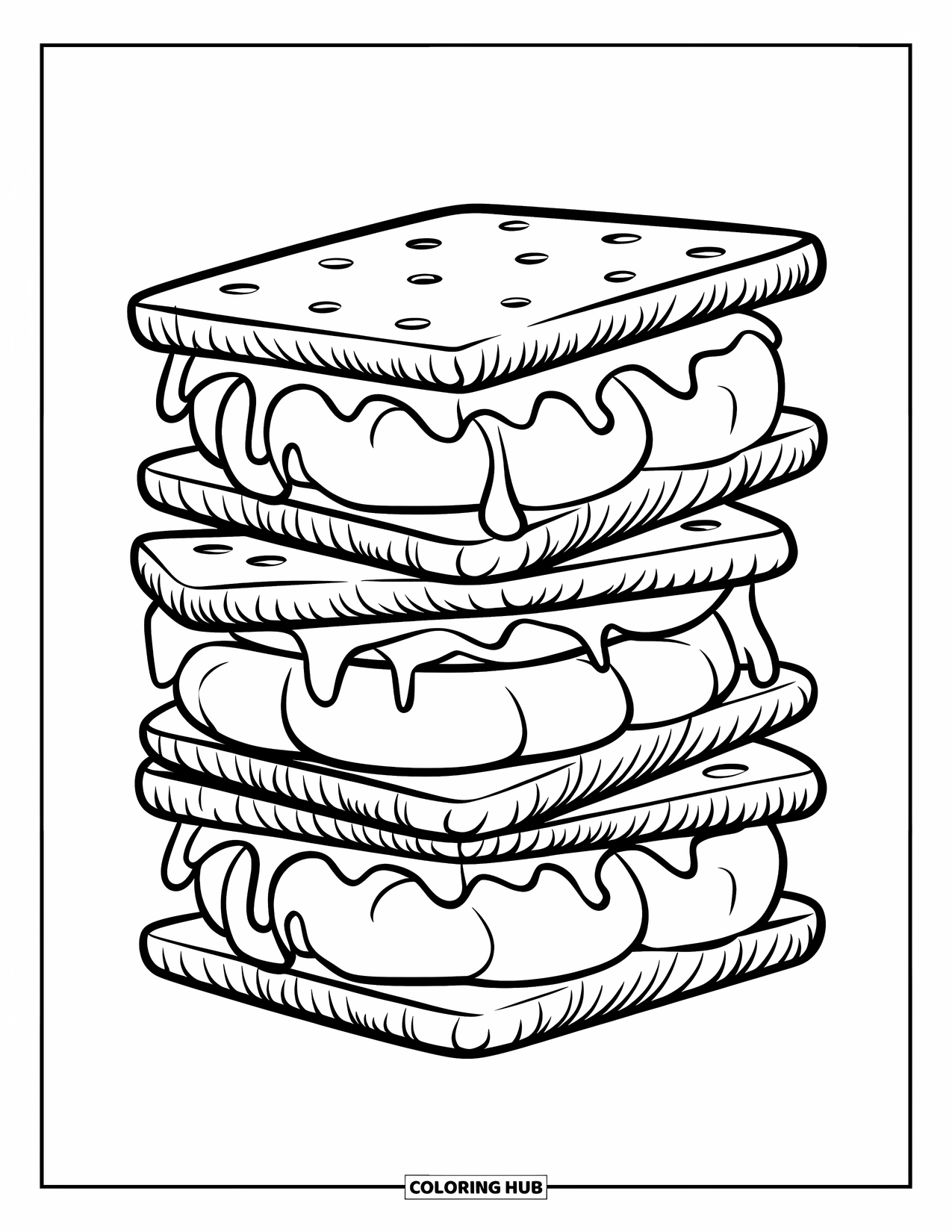 Smore Coloring Page for Kids: Stack of three gooey s'mores on a stick